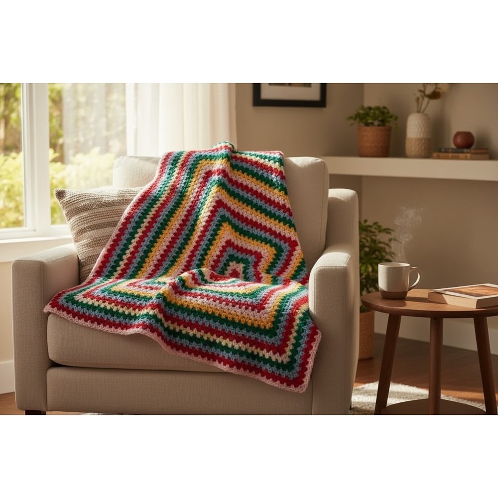 Crochet blanket Table Throw Squares Multicolor